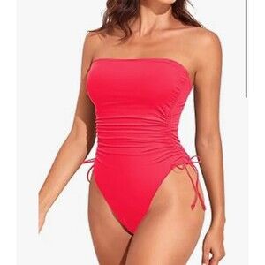 Women Strapless One Piece Swimsuit Tummy Control Bandeau Bright red size large